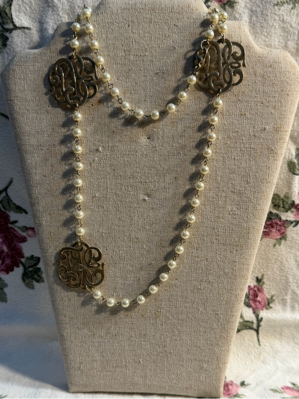 Long Faux Pearl Necklace with Gold Filigree Monogram Accents - Cream/Gold